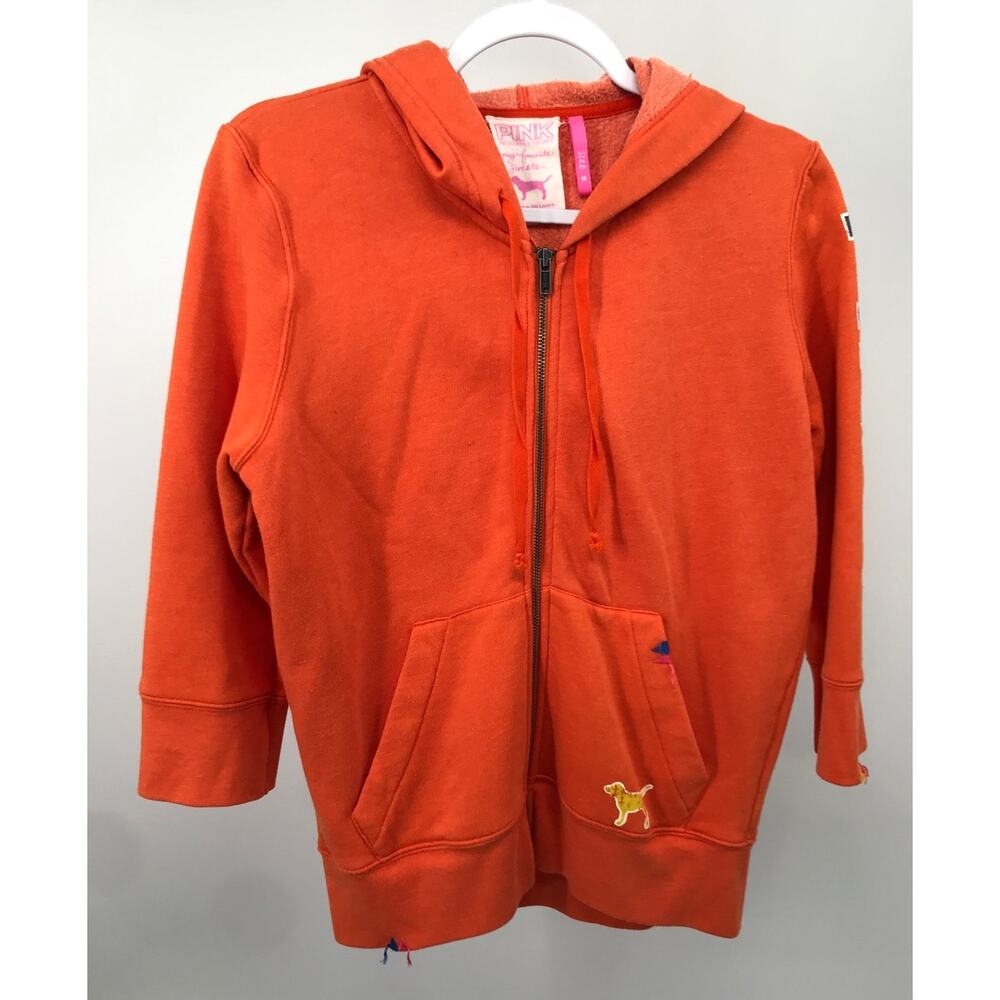 PINK Victoria's Secret Orange Embroidered 3/4 Sleeve Full Zip Jacket Size M